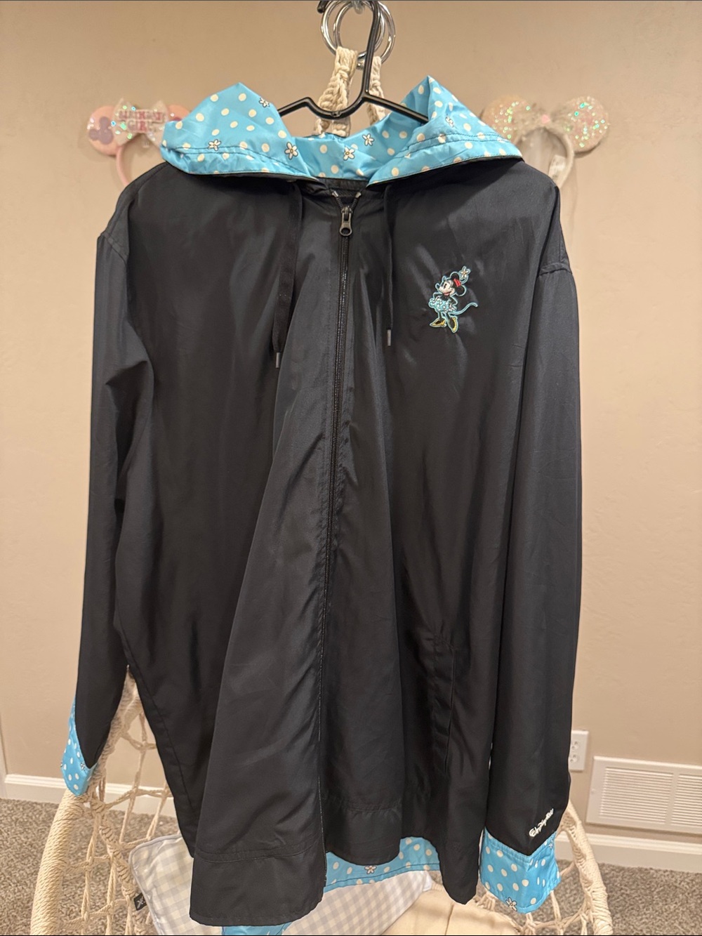 DISNEY PARKS Black Hooded Jacket with Blue Polka Dot Lining 2X